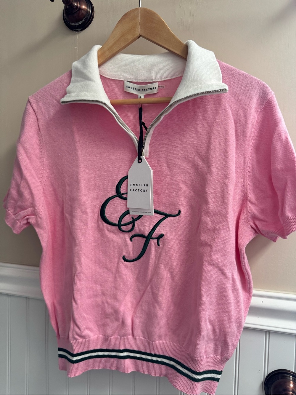 English Factory Pink Short Sleeve Zip-Neck Knit Top with Monogram - Picture 2 of 2